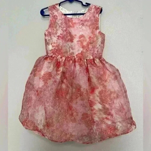 PLACE Girls Dress Size 5 Pink Coral Gold Floral Party Sleeveless Gathered Waist - Picture 4 of 5